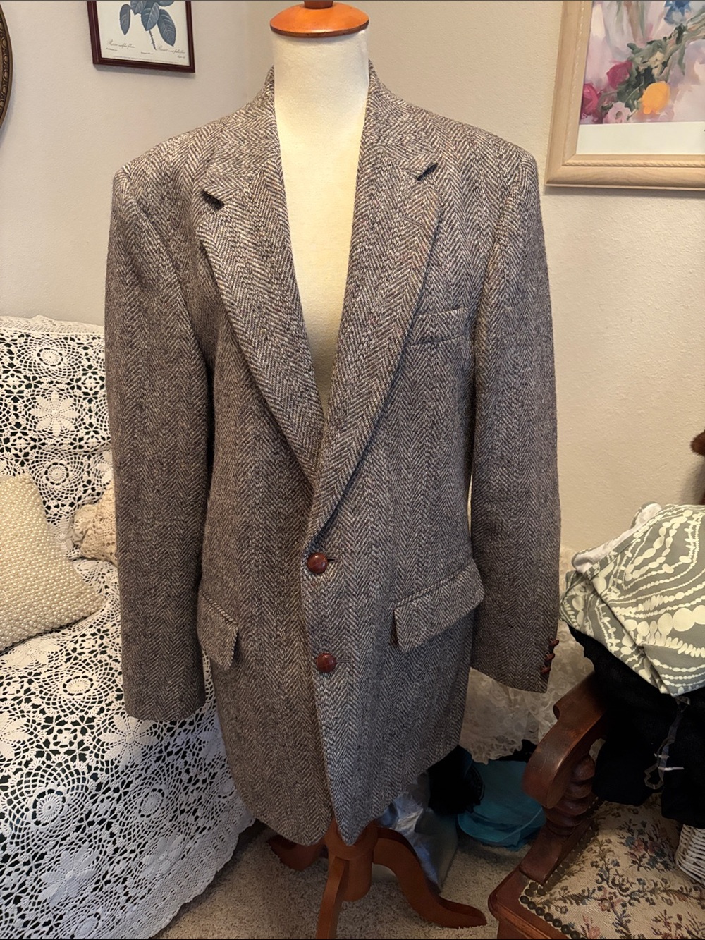 Men's Vintage Harris Tweed Herringbone Wool Sport Coat - Brown/Gray